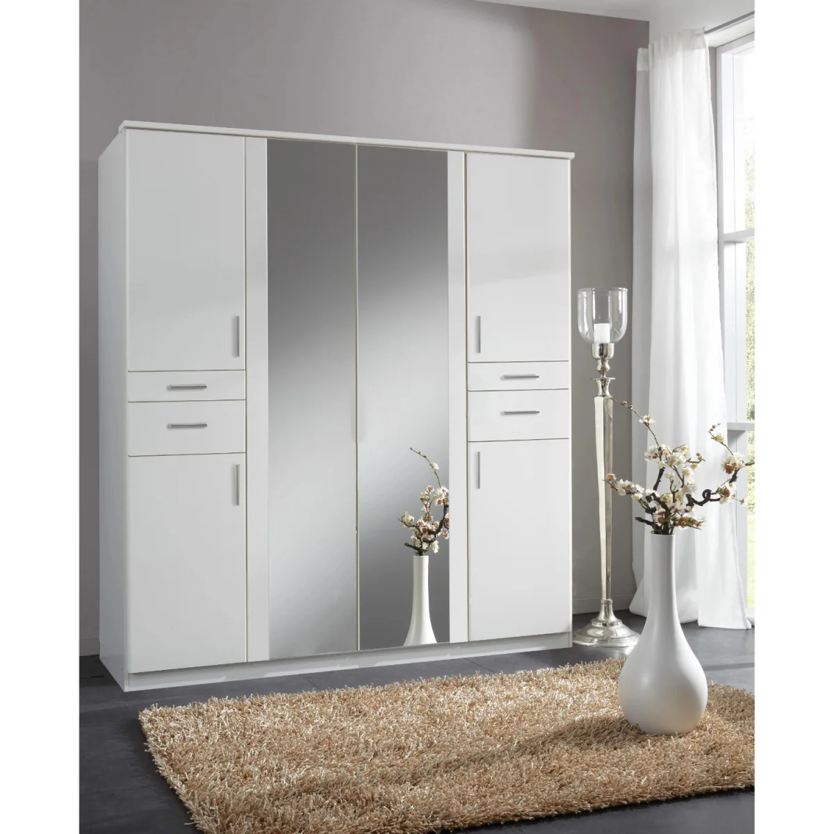 Koblenz Matt White 4 Door 180cm Wardrobe with Mirror - White – image 3