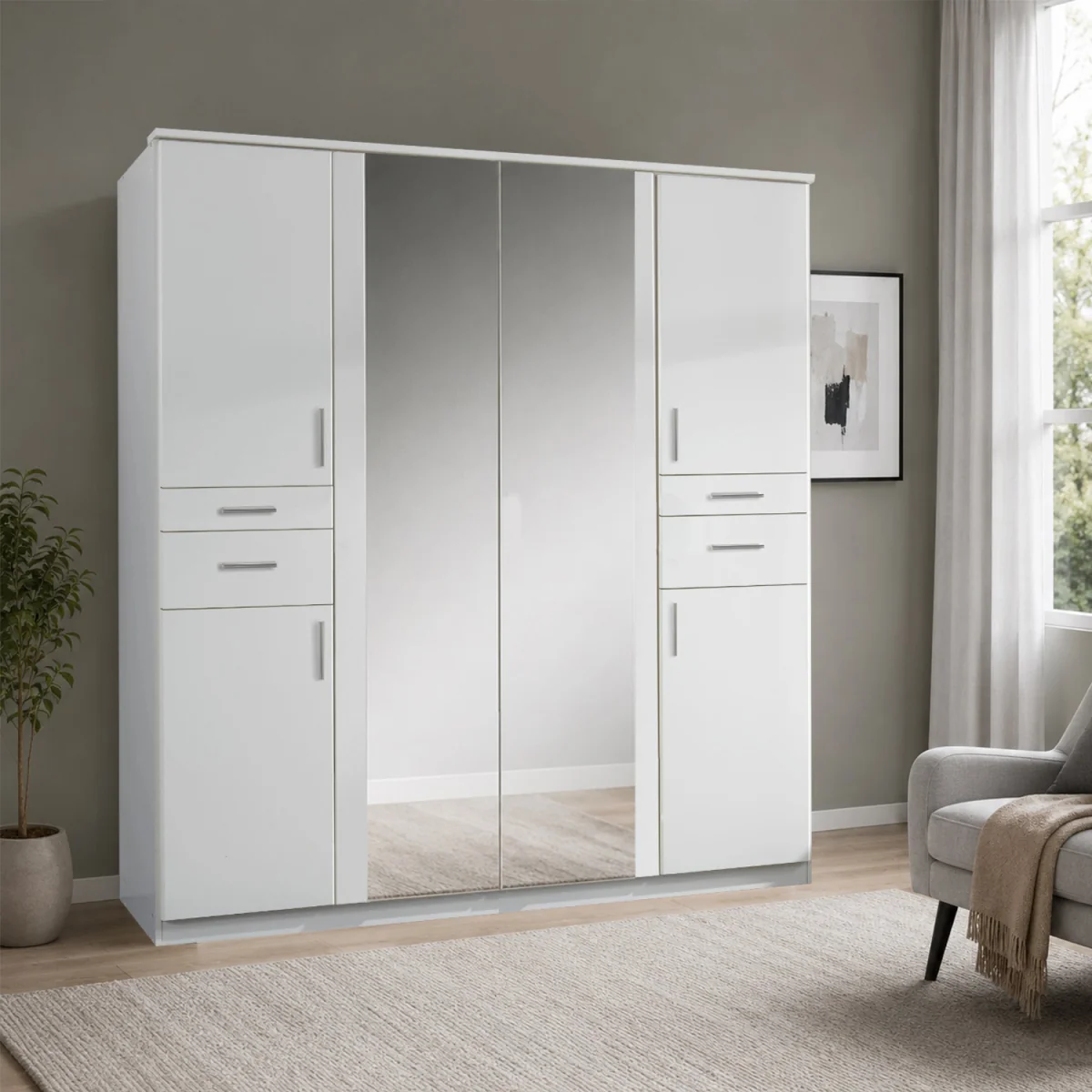 Koblenz Matt White 4 Door 180cm Wardrobe with Mirror - White – image 1