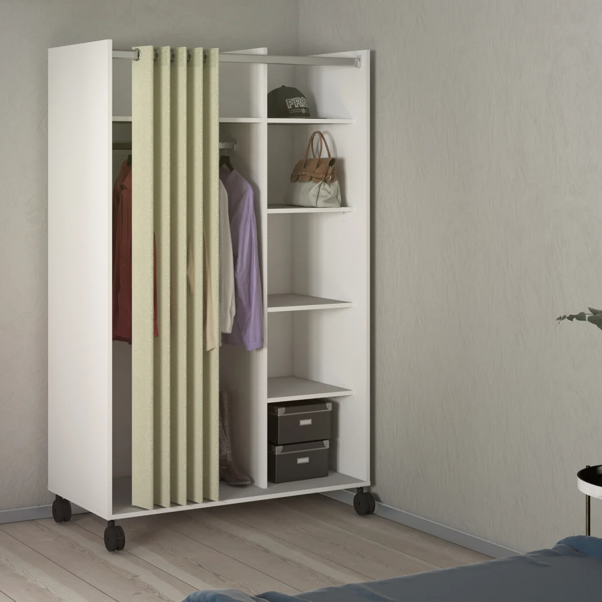 Uppsala Open Mobile Wardrobe Unit A Textile Curtain On Wheels - White – image 2