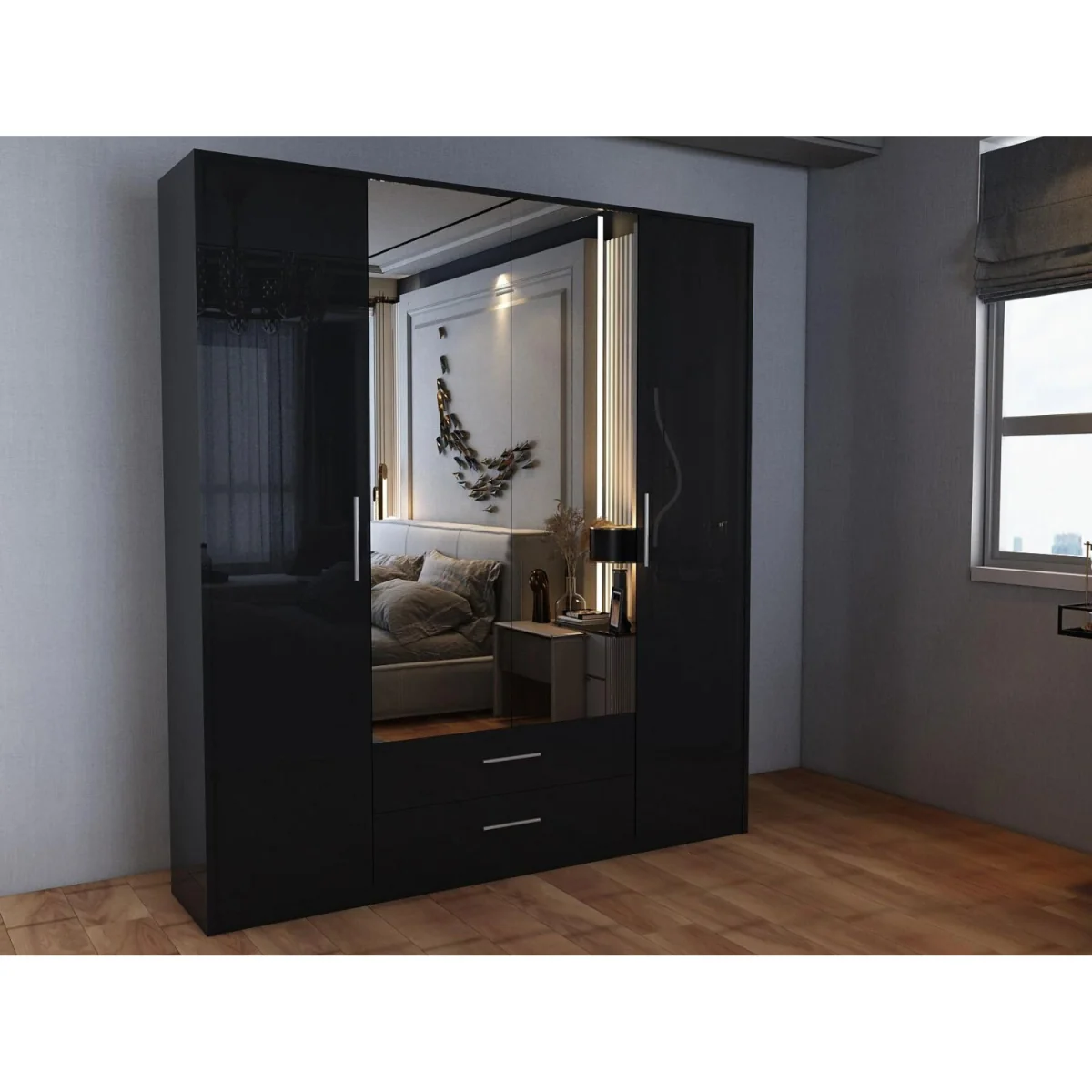 Swindon Gloss Black 4 Door 180cm Wardrobe - Black – image 2