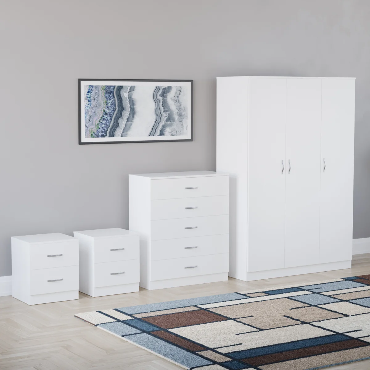 Vida Designs Riano 4 Piece Bedroom Set (2x Bedside, 5 Drawer Chest, Wardrobe) - White – image 1
