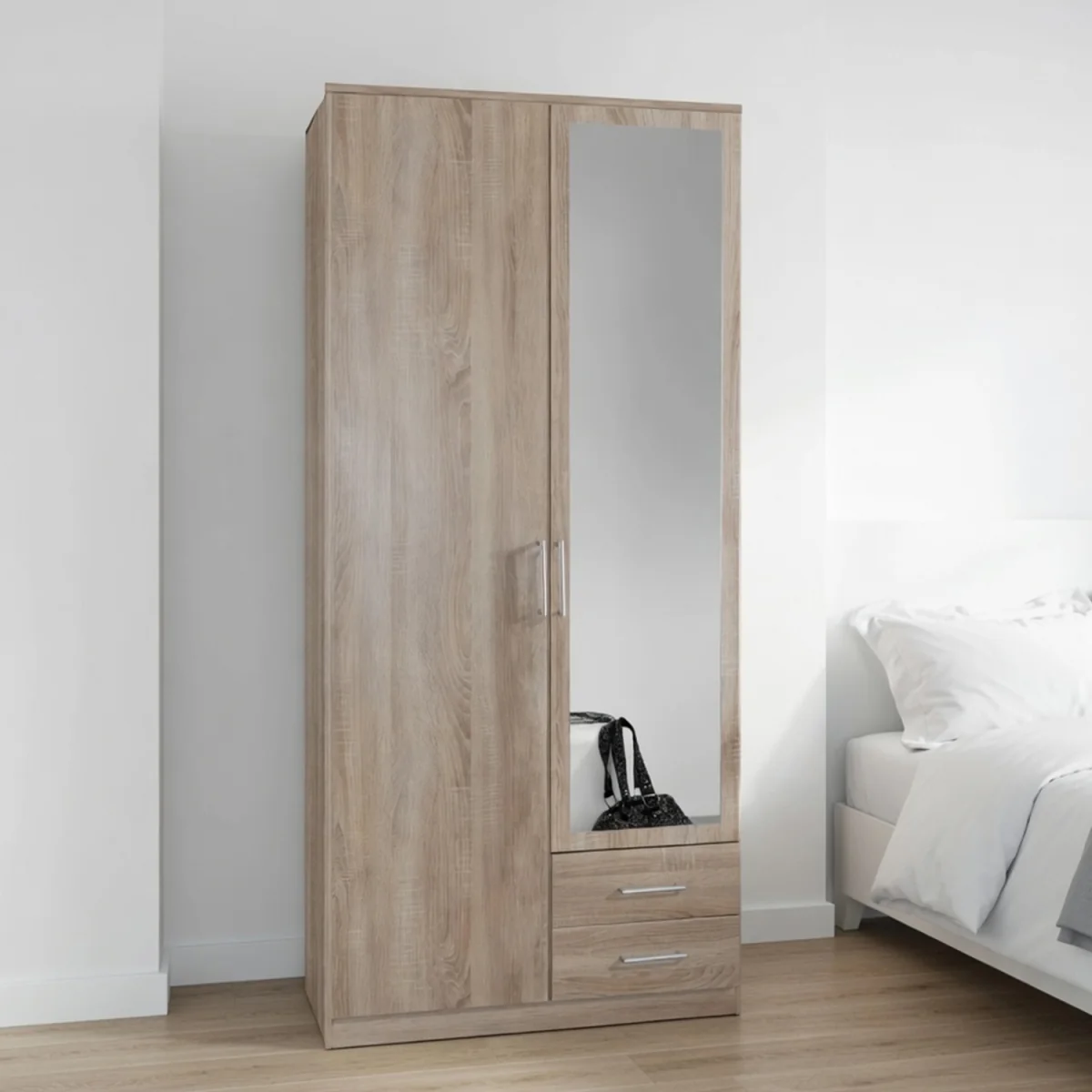 Osaka Oak 2 Door 90cm Wardrobe with Mirror and 2 Drawers - Oak – image 3