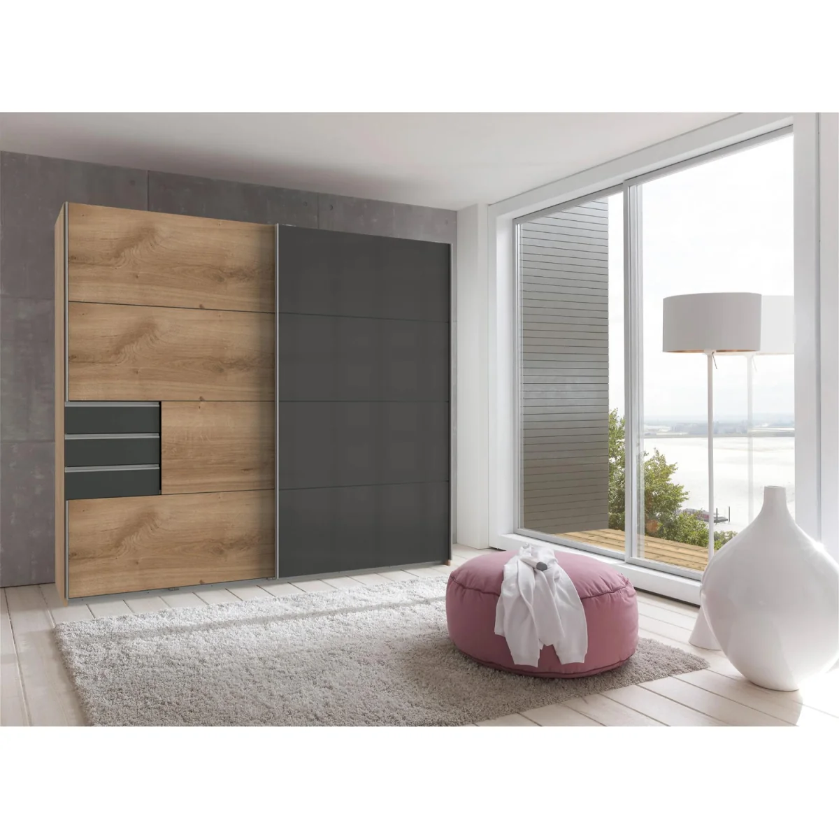 Saigon 225cm Sliding Wardrobe in Oak and Glass Black - Oak – image 4