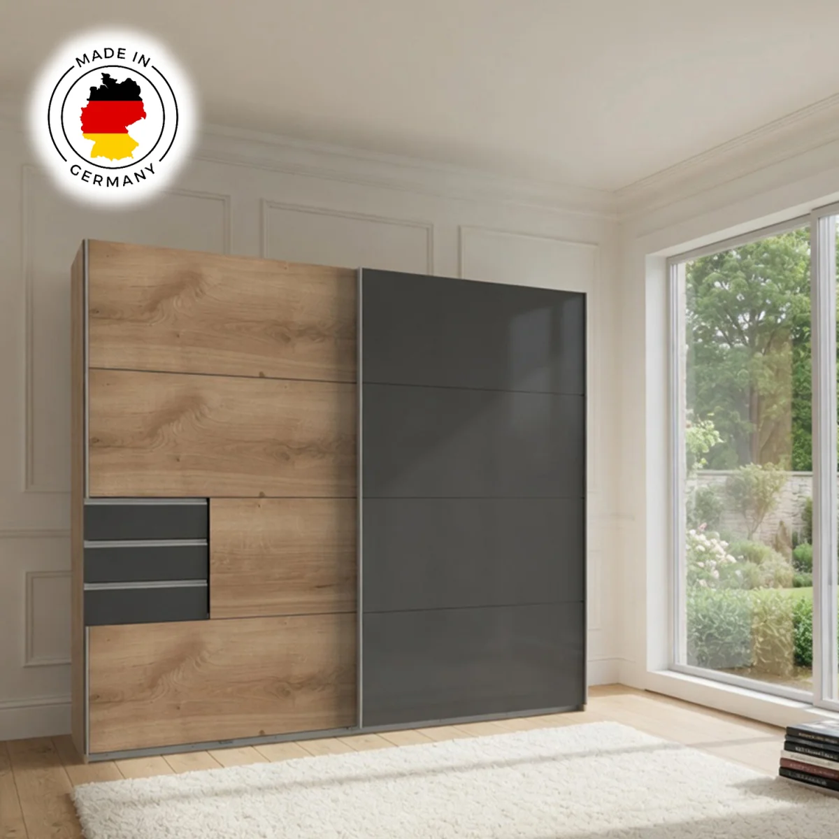Saigon 225cm Sliding Wardrobe in Oak and Glass Black - Oak – image 7