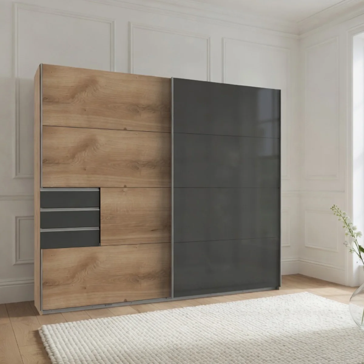 Saigon 225cm Sliding Wardrobe in Oak and Glass Black - Oak – image 1