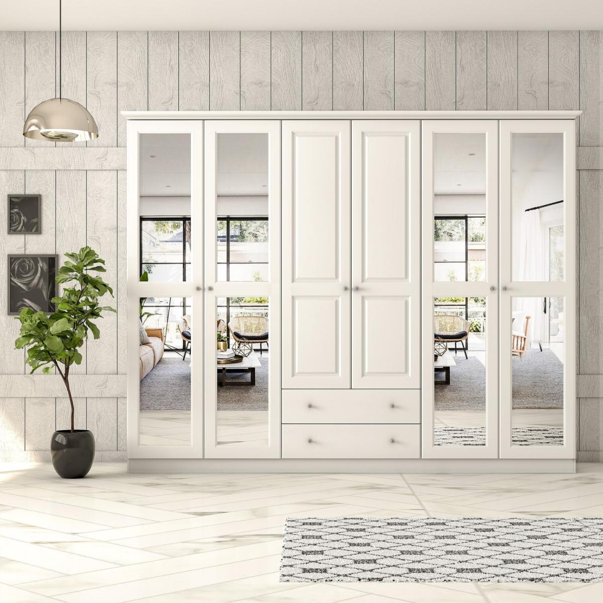 OLA 6 Door 2 Drawer Mirrored Wardrobe, White - White – image 2