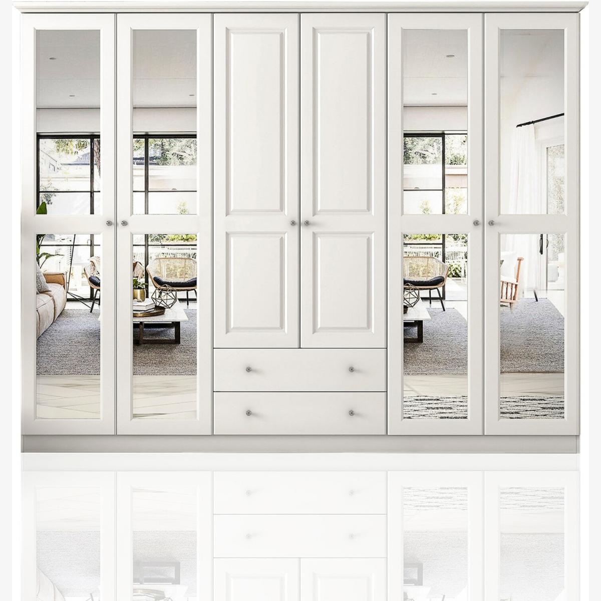 OLA 6 Door 2 Drawer Mirrored Wardrobe, White - White – image 1