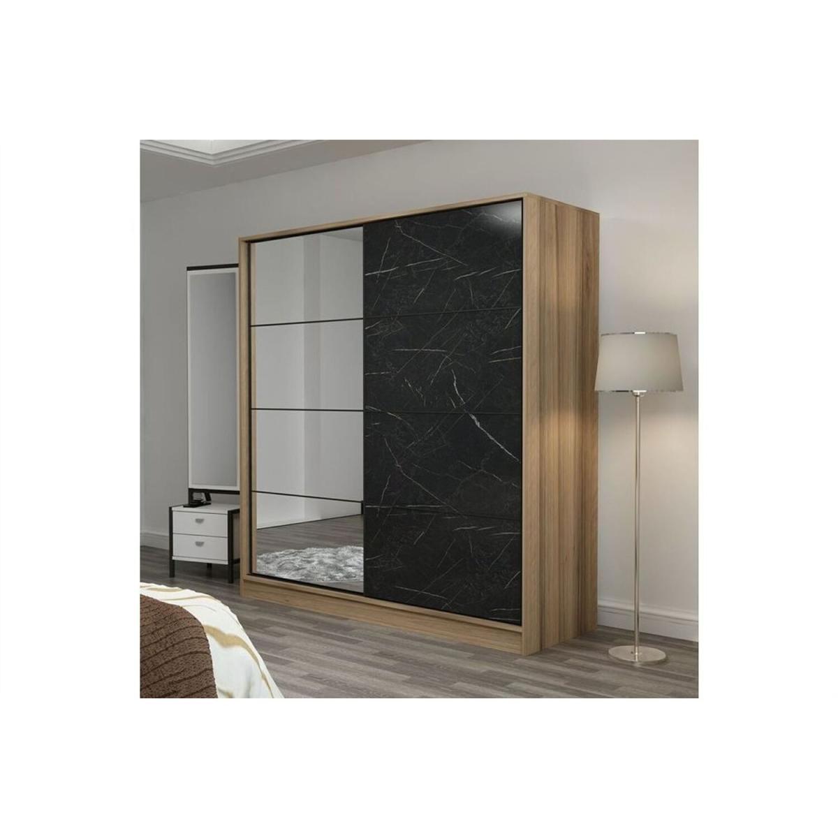 Kale Mirrored Sliding Door Wardrobe 180 cm Walnut Frame - Walnut & Black / Finished in black marble-look and walnut colour / 172.45kg – image 2