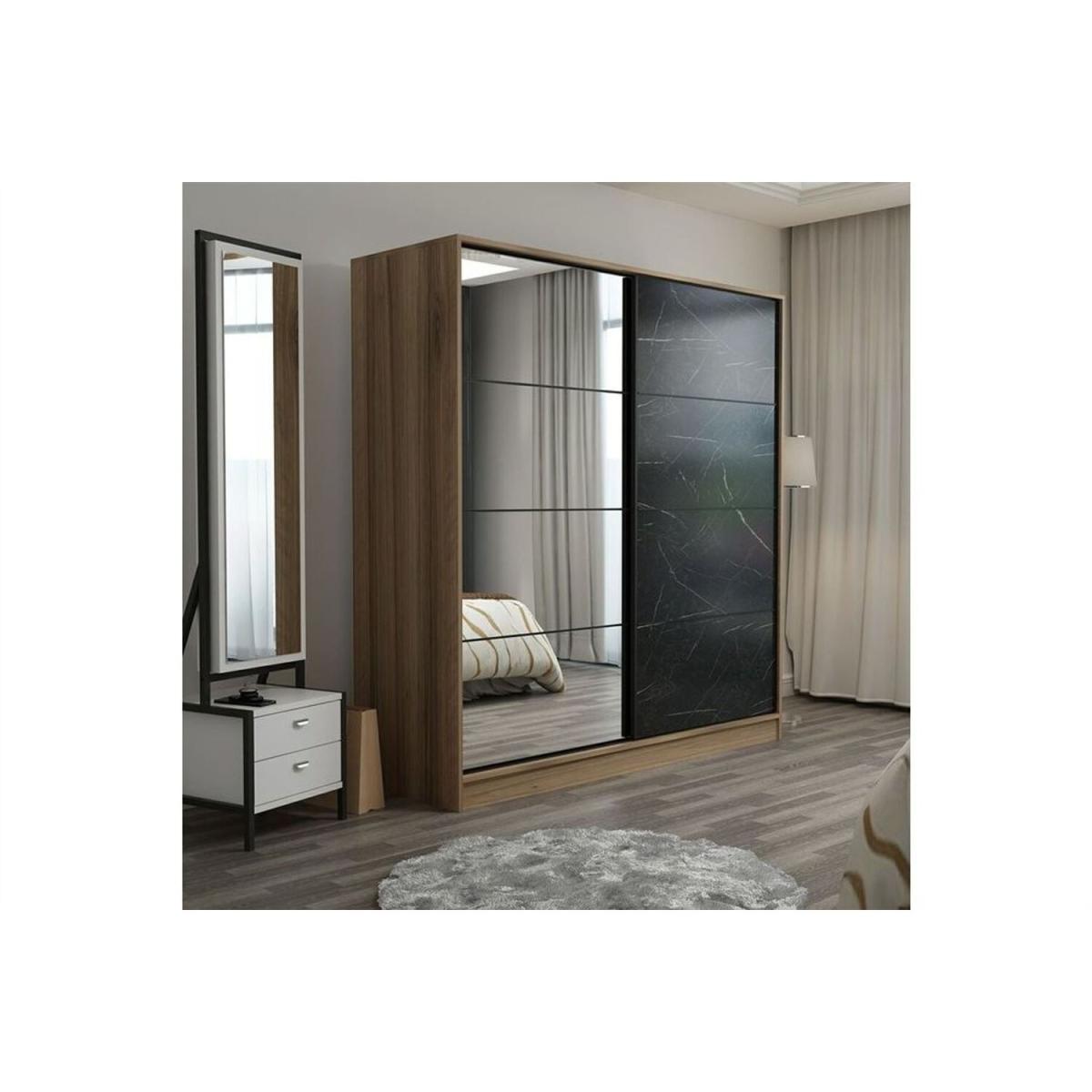 Kale Mirrored Sliding Door Wardrobe 180 cm Walnut Frame - Walnut & Black / Finished in black marble-look and walnut colour / 172.45kg – image 4