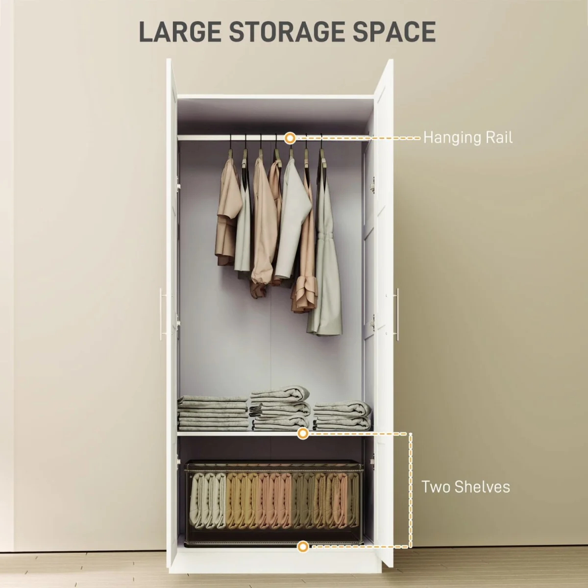 Coravello Wooden White 2 Door Wardrobe with Hanging Rail and Shelf – image 6