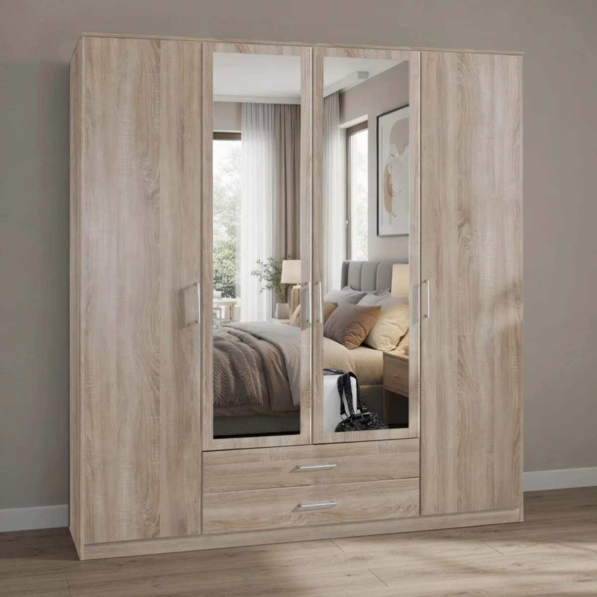 Osaka Oak 4 Door 180cm Wardrobe with Mirror and 2 Drawers - Oak – image 1