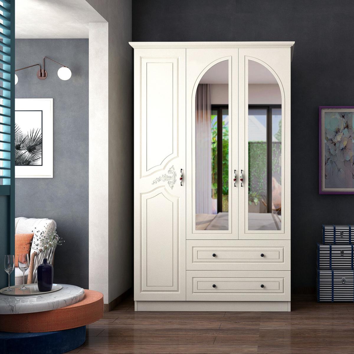 CLARA 3 Door 2 Drawers Wardrobe, White - White – image 2