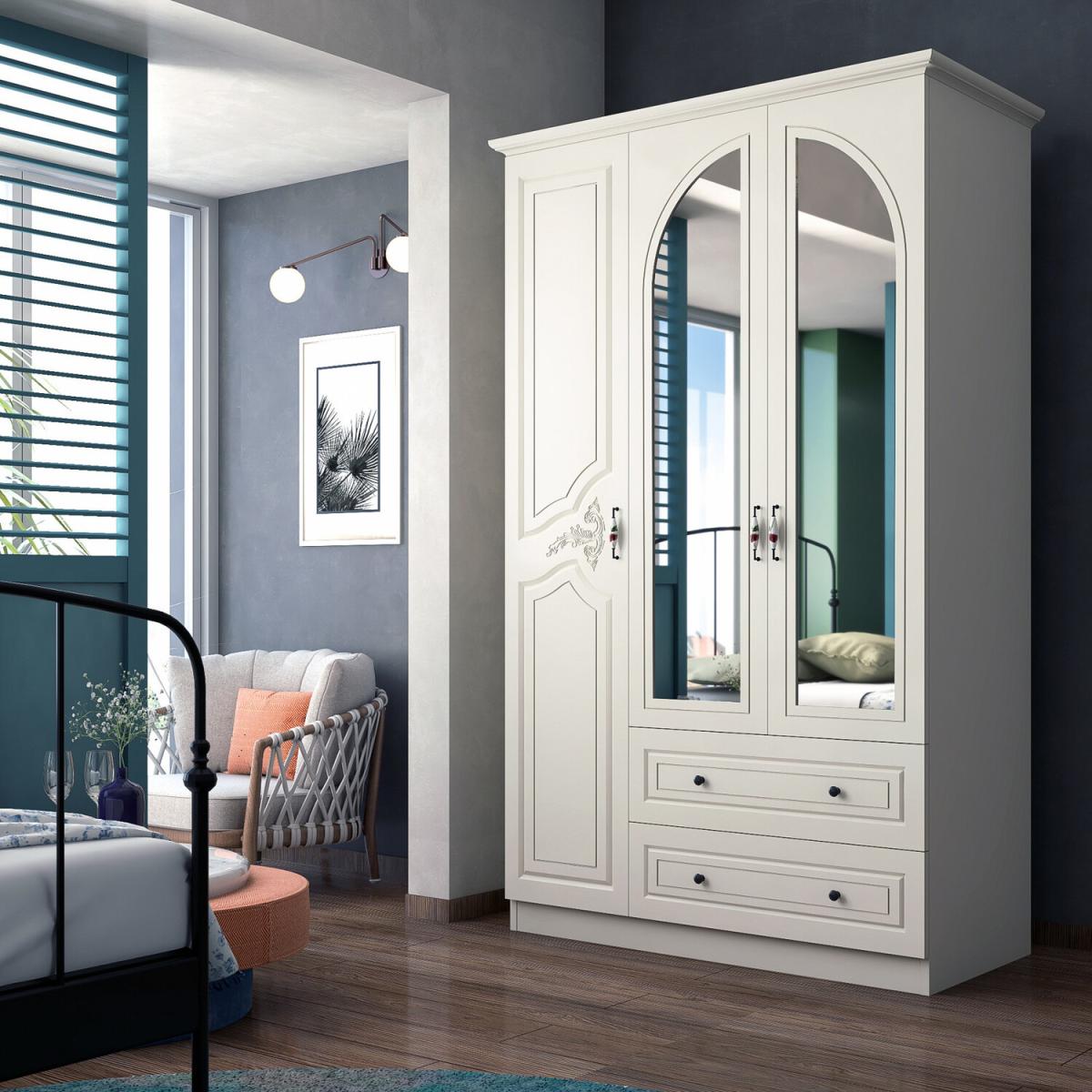 CLARA 3 Door 2 Drawers Wardrobe, White - White – image 3
