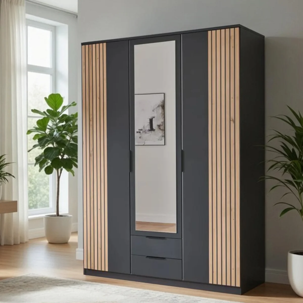 London Oak and Graphite 3 Door 135cm Wardrobe with Mirror - Oak – image 2
