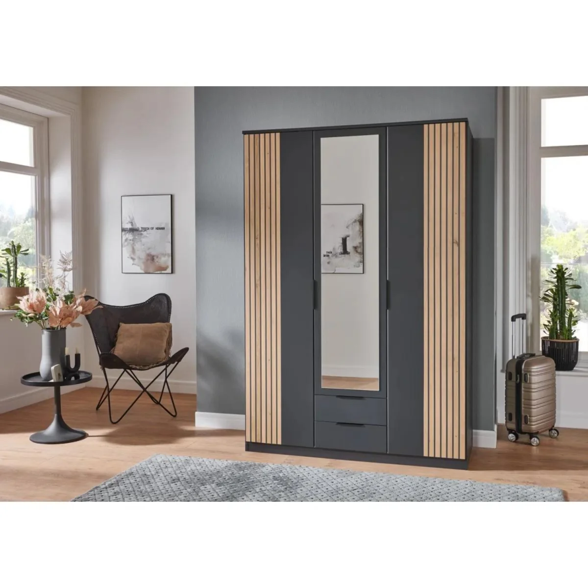 London Oak and Graphite 3 Door 135cm Wardrobe with Mirror - Oak – image 3