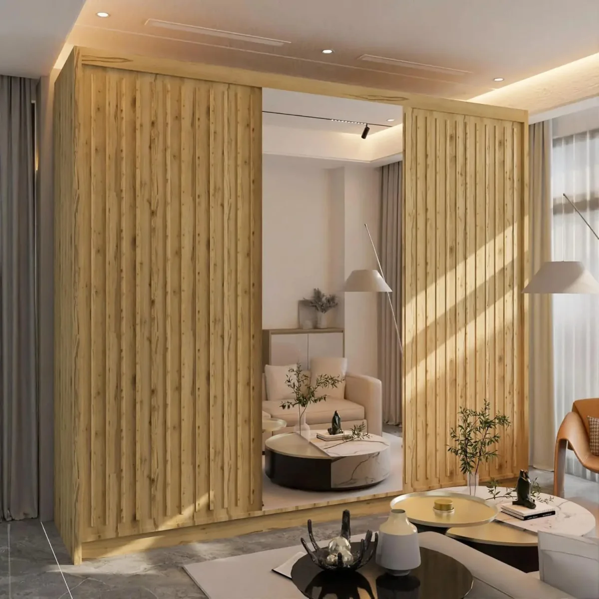 London Sliding Wardrobe with Mirror Door & Strip Design, Space Saving Sliding Door Wardrobe with Shelves & Hanging Rail - Oak/Oak 250cm – image 3
