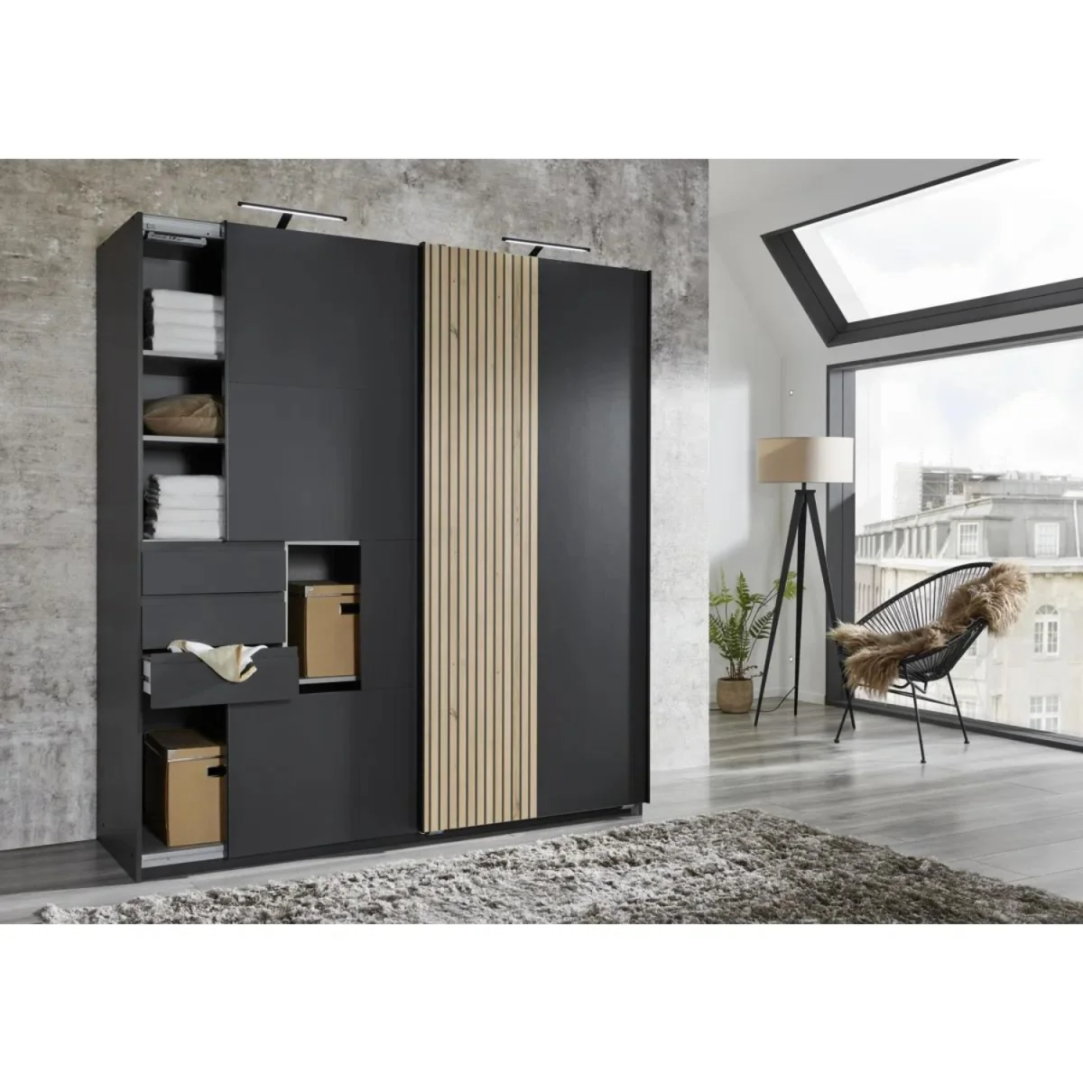 Nadije Graphite 2 Door 180cm Wardrobe with 3 Drawers - Grey – image 2
