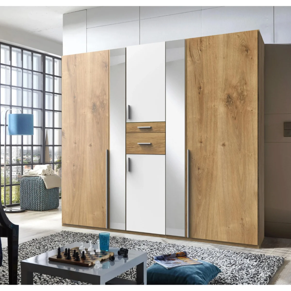 Odessa Planked Oak and White 5 Door 225cm Wardrobe with Mirror - Oak – image 2