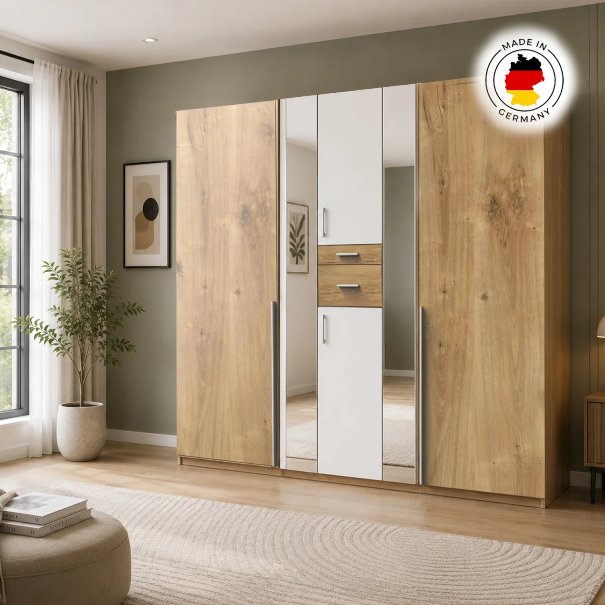Odessa Planked Oak and White 5 Door 225cm Wardrobe with Mirror - Oak – image 4