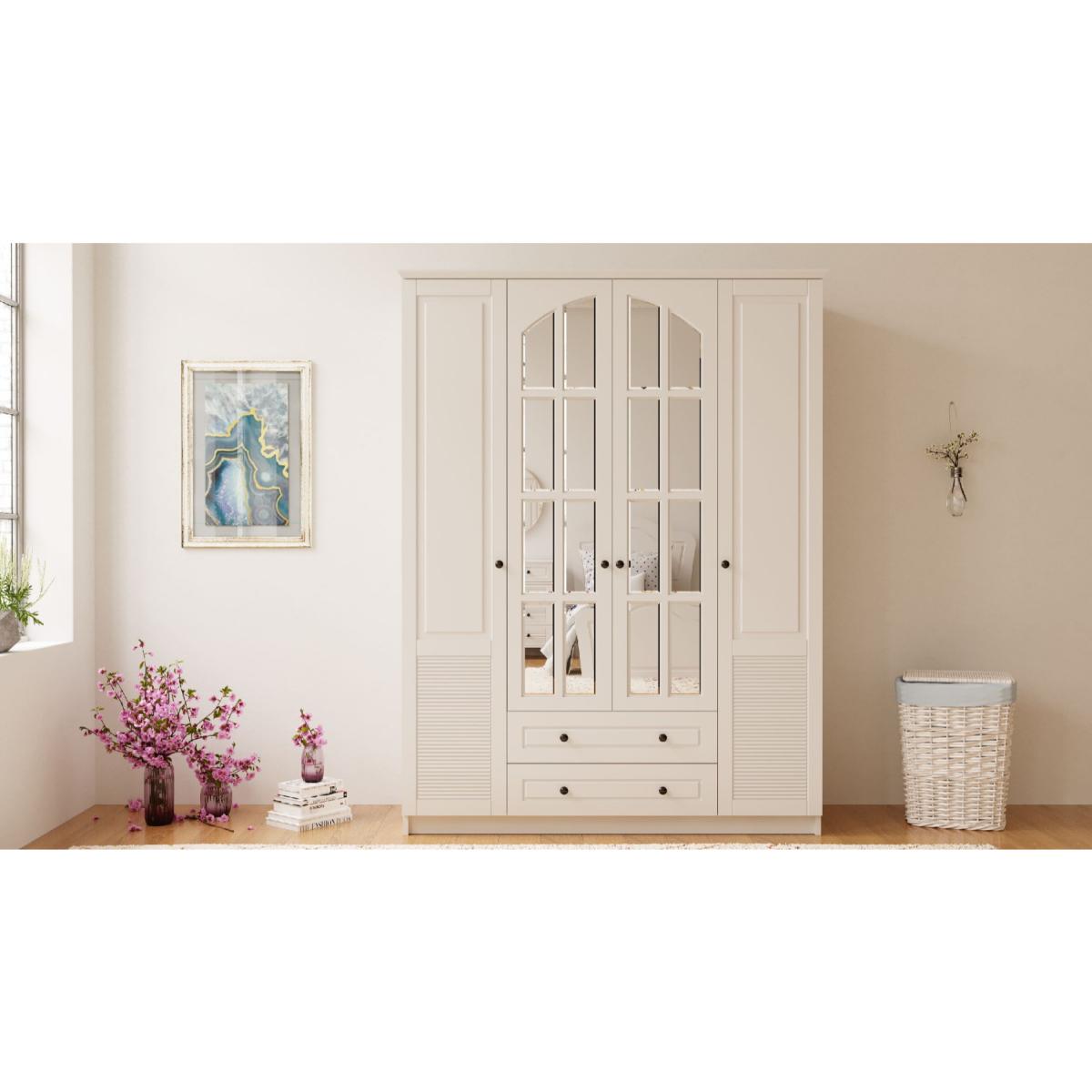 ELISE 4 Door 2 Drawer Mirrored White Wardrobe - White – image 2