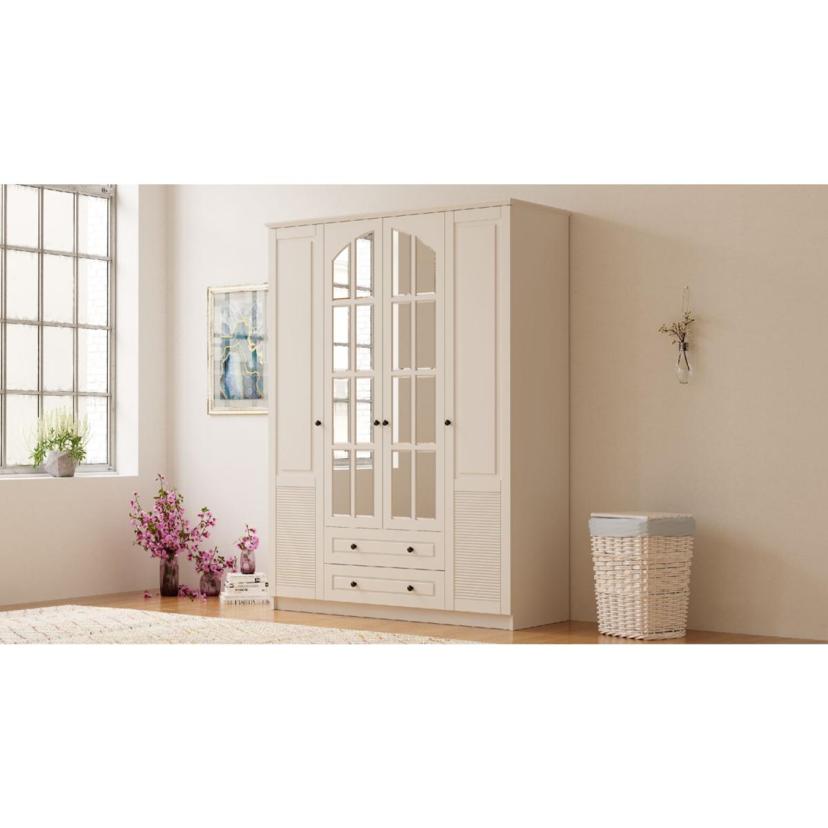 ELISE 4 Door 2 Drawer Mirrored White Wardrobe - White – image 4