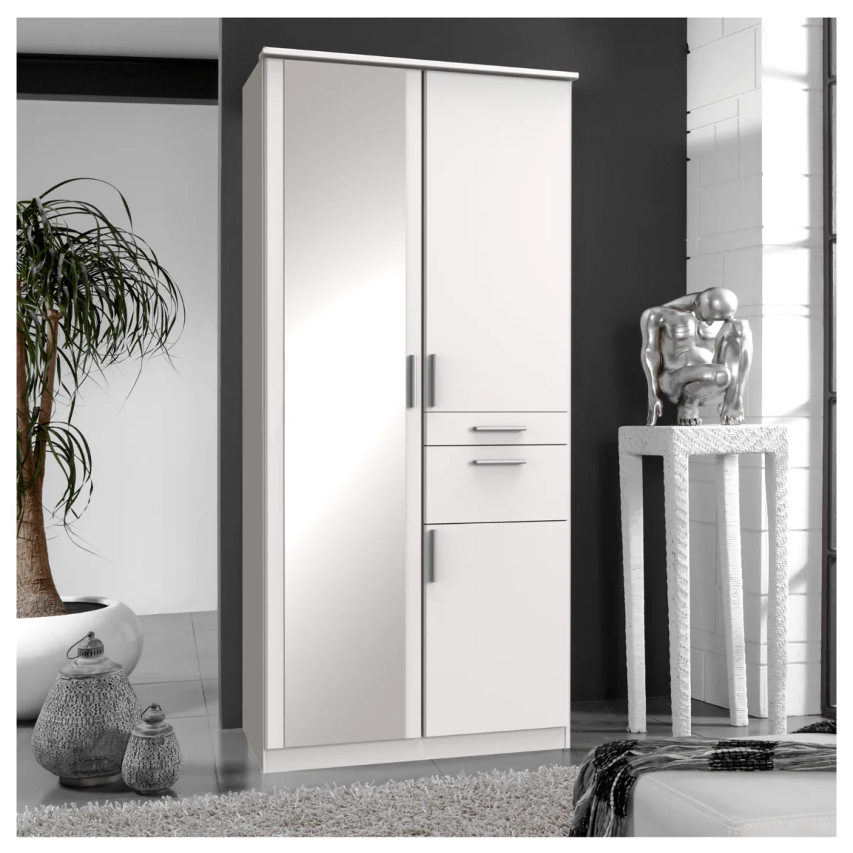Koblenz Matt White 2 Door 90cm Wardrobe with Mirror - White – image 2