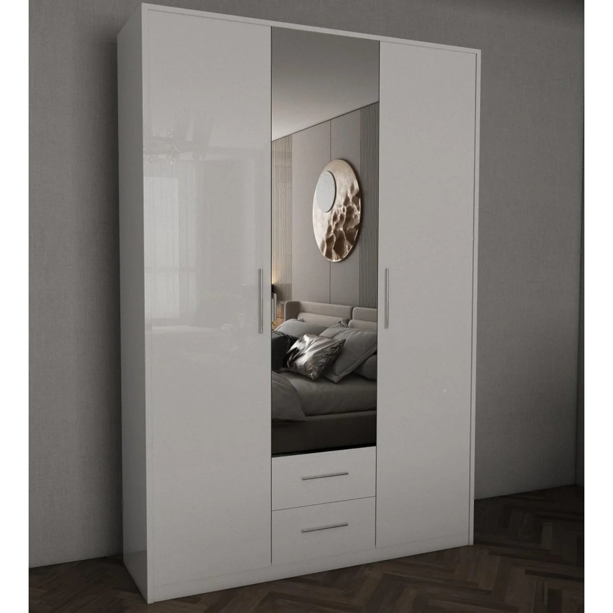 Swindon Gloss White and Matt White 3 Door Wardrobe with Mirror and 2 Drawers - White – image 2