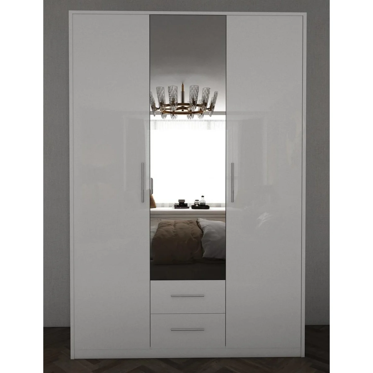Swindon Gloss White and Matt White 3 Door Wardrobe with Mirror and 2 Drawers - White – image 3
