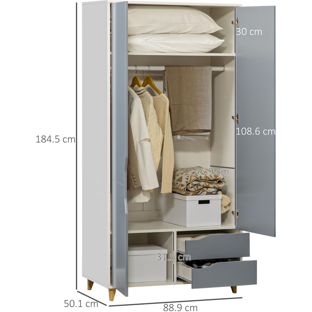 2 Door Wardrobe with 2 Drawers Hanging Rail, Clothes Storage Organiser - Grey – image 2