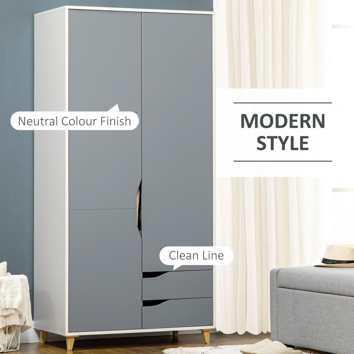2 Door Wardrobe with 2 Drawers Hanging Rail, Clothes Storage Organiser - Grey – image 3