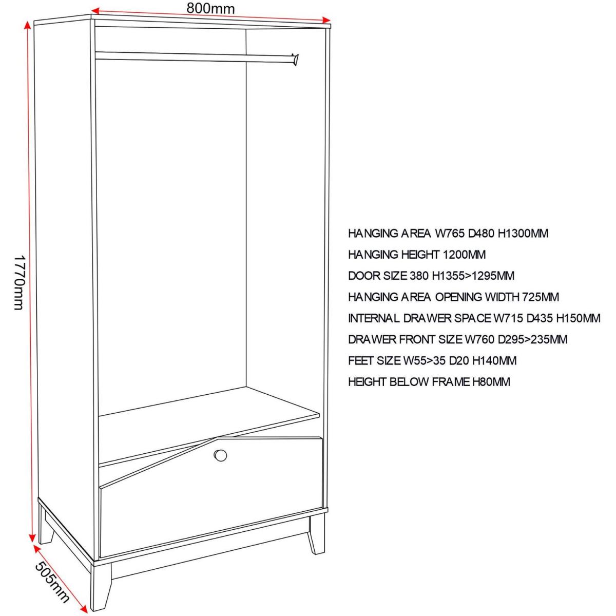 Cody 2 Door 1 Drawer Wardrobe - White and Pine – image 6