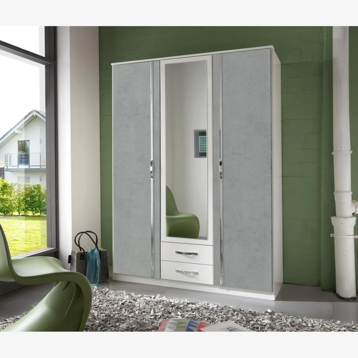 Duo Matt White and Grey 3 Door 135cm Wardrobe with Mirror - White – image 1