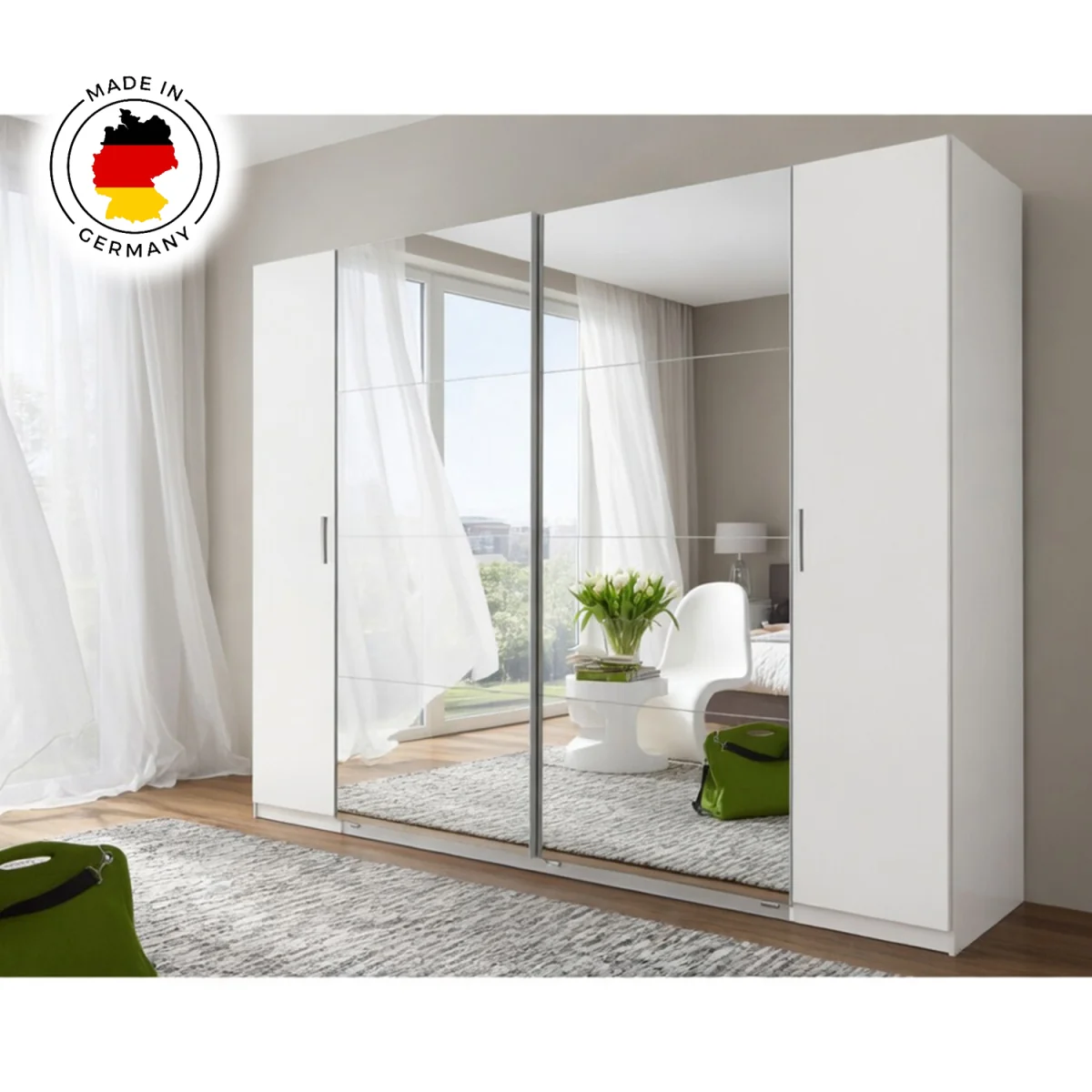Lotto 270cm 4 Door Mirrored Sliding Wardrobe in Matt White - White – image 3