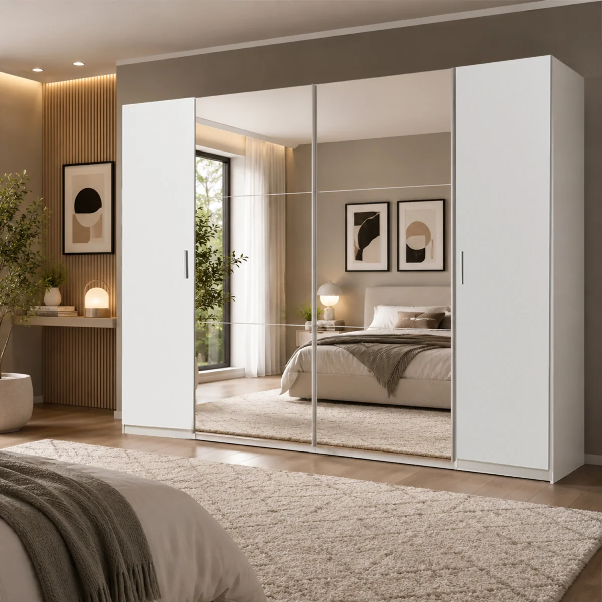 Lotto 270cm 4 Door Mirrored Sliding Wardrobe in Matt White - White – image 1
