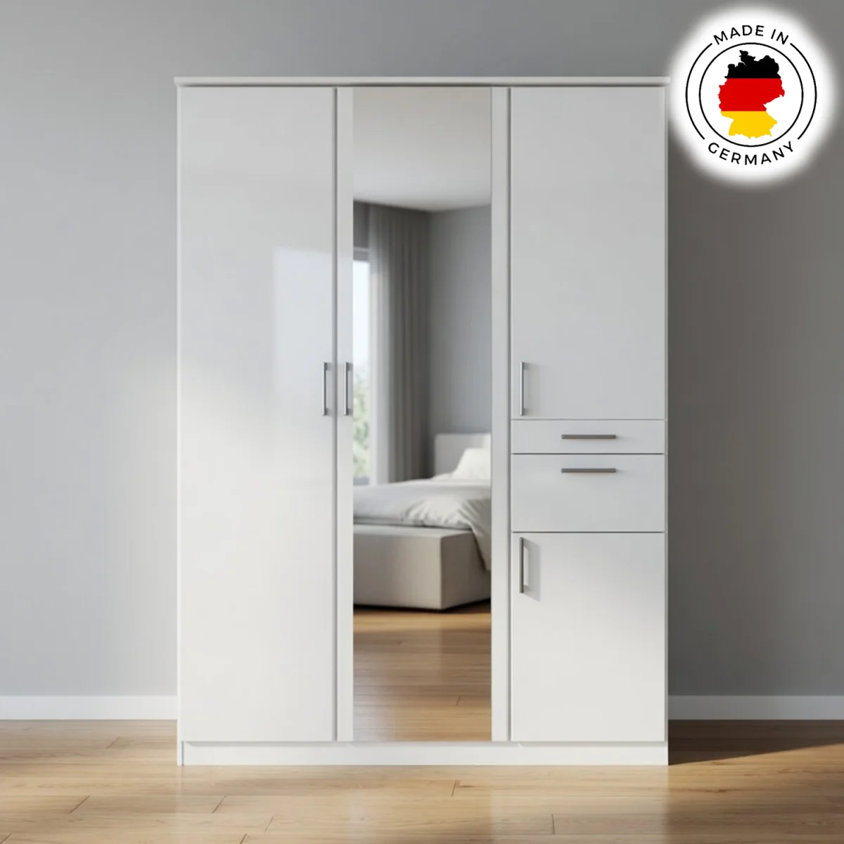 Koblenz Matt White 3 Door 135cm Wardrobe with Mirror - White – image 3