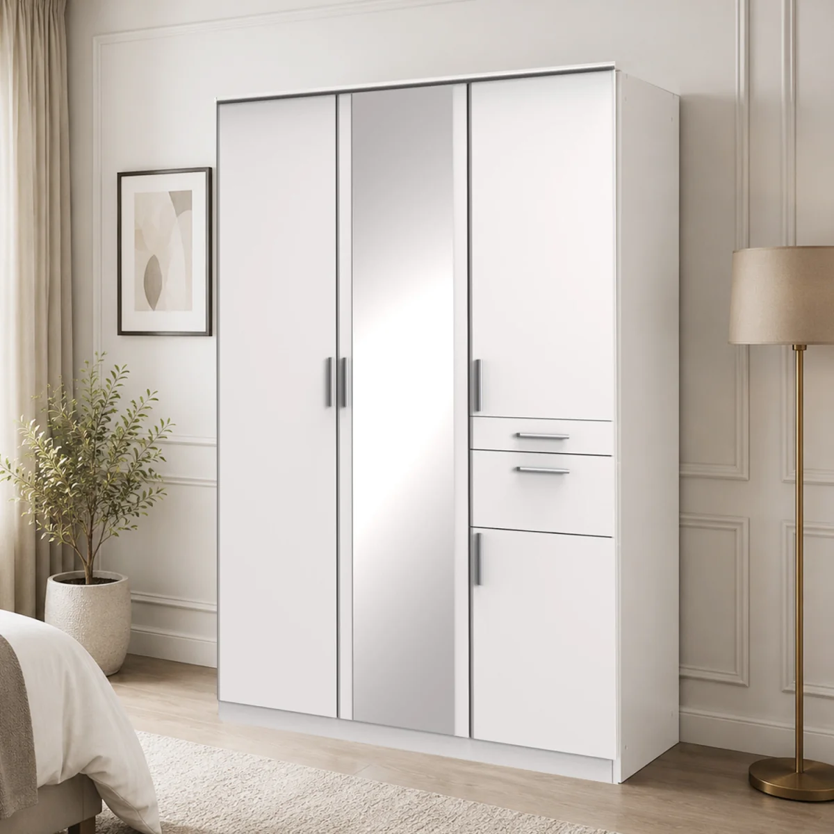 Koblenz Matt White 3 Door 135cm Wardrobe with Mirror - White – image 1