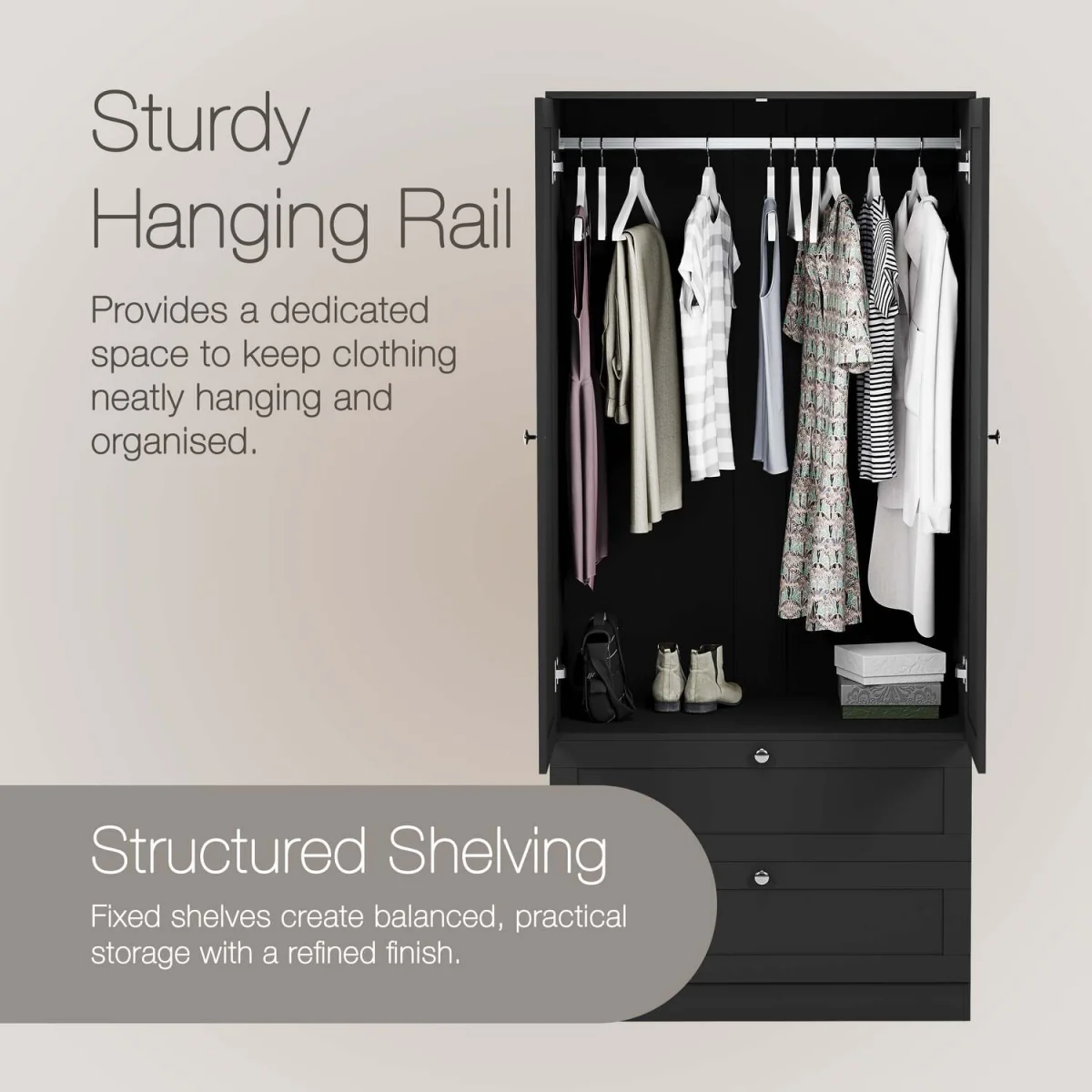 Vida Designs Altino 2 Door 2 Drawer Wardrobe, Grey (2) - White – image 14