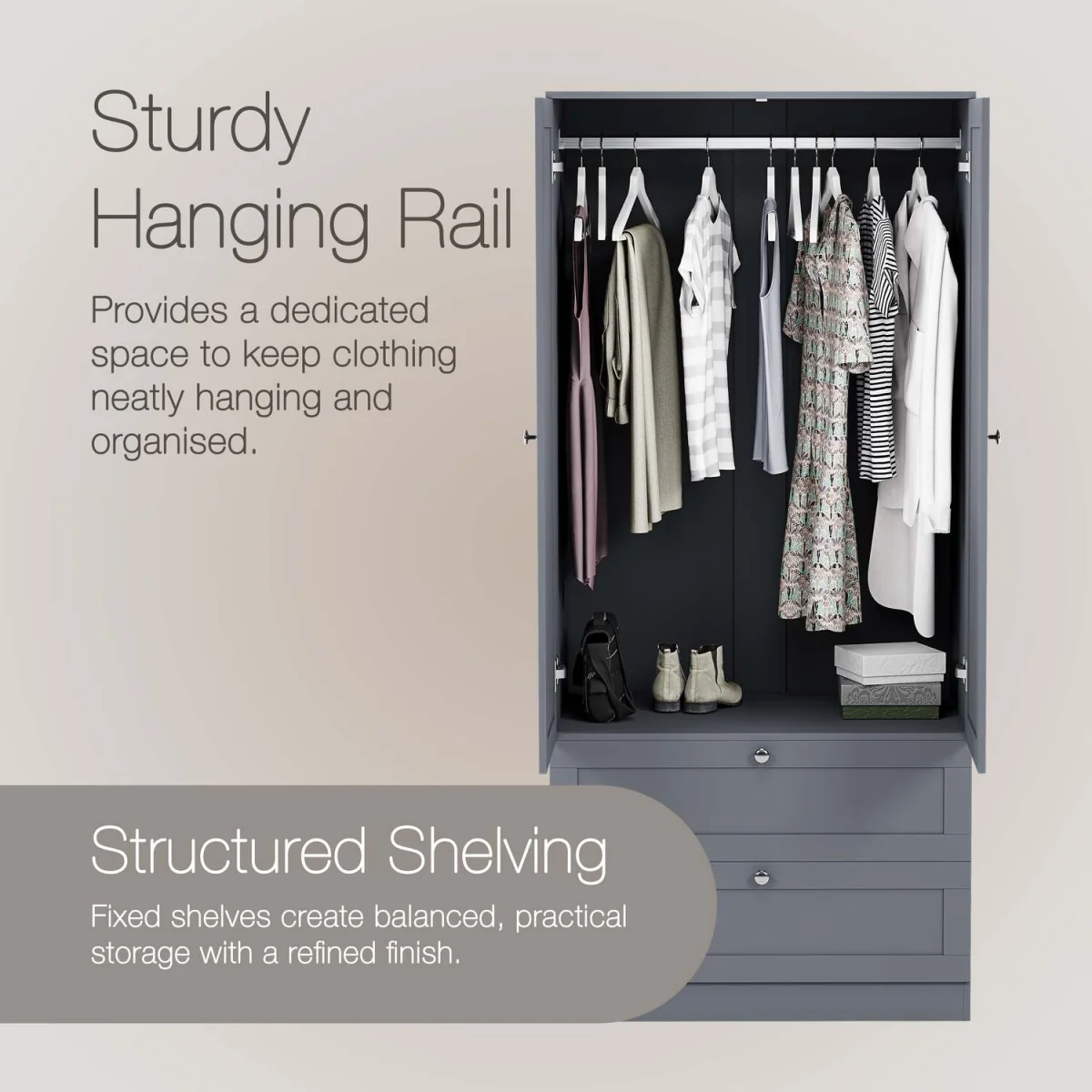 Vida Designs Altino 2 Door 2 Drawer Wardrobe, Grey (2) - White – image 7