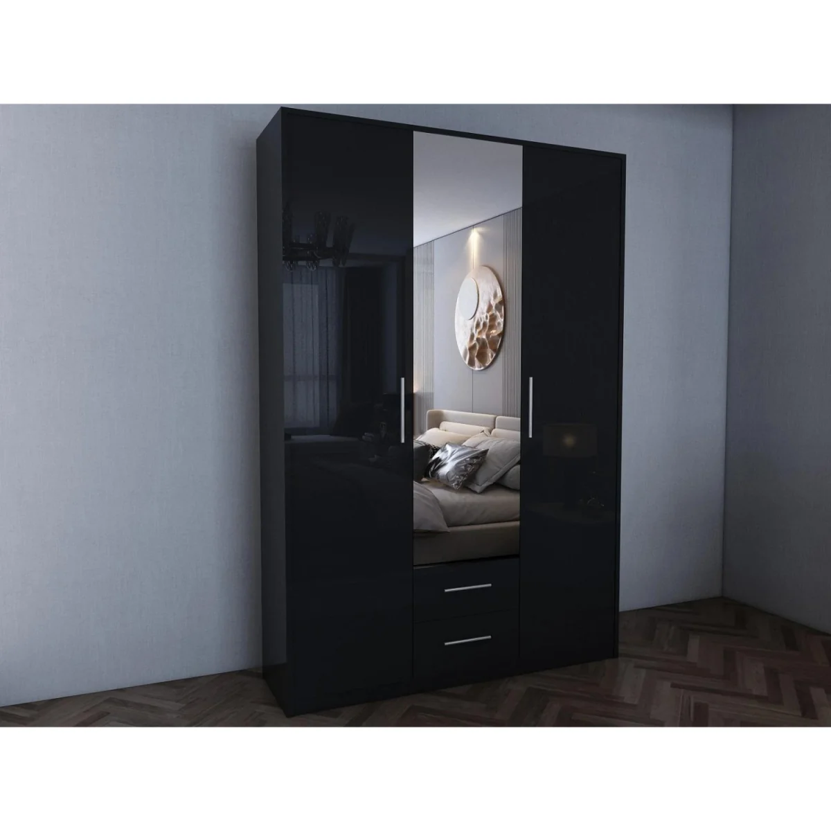 Swindon Gloss Black 3 Door 135cm Wardrobe - Black – image 2