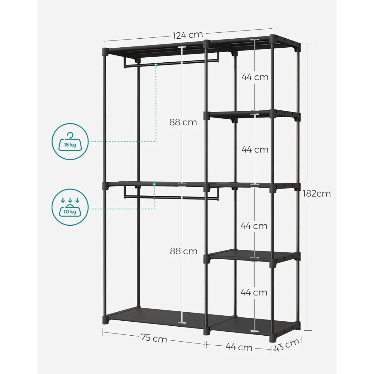 Open Clothing Wardrobe with Dual Hanging Areas and Shelving Storage, Freestanding Organizer - Black – image 3