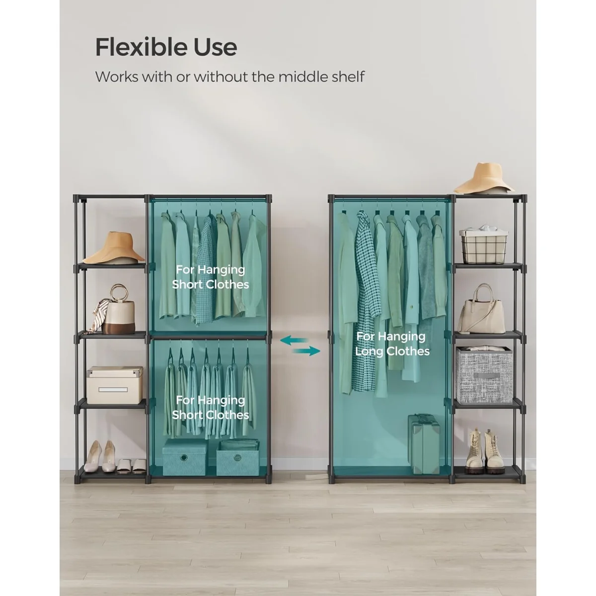 Open Clothing Wardrobe with Dual Hanging Areas and Shelving Storage, Freestanding Organizer - Black – image 4