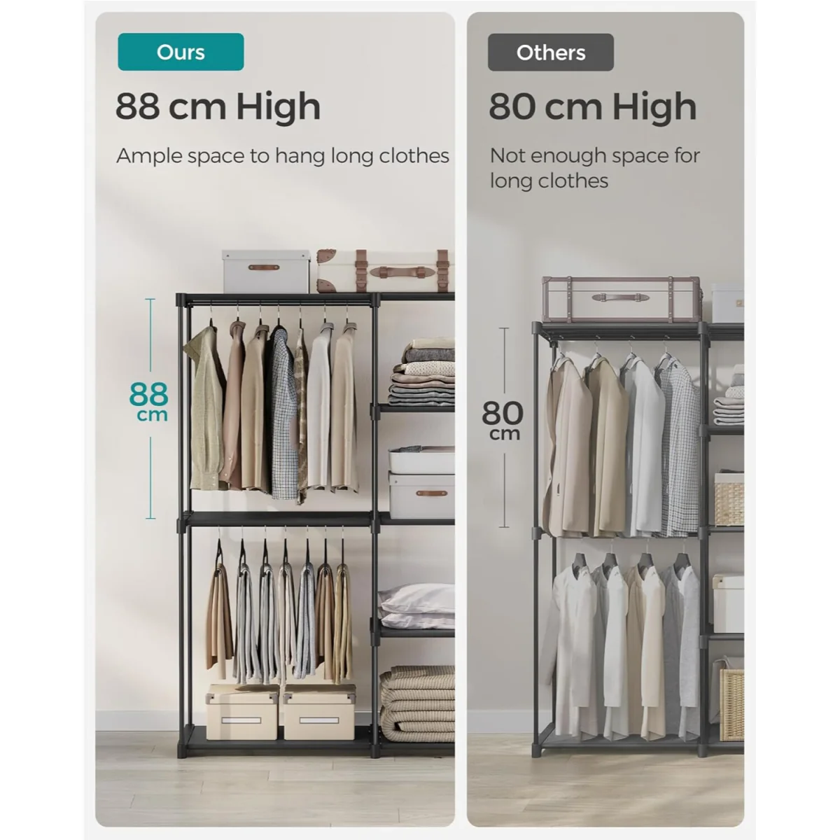 Open Clothing Wardrobe with Dual Hanging Areas and Shelving Storage, Freestanding Organizer - Black – image 5