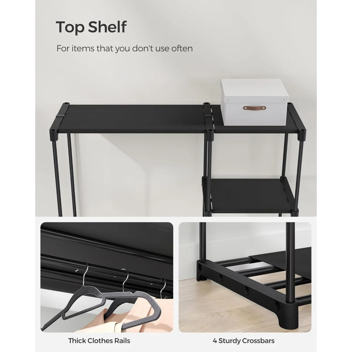 Open Clothing Wardrobe with Dual Hanging Areas and Shelving Storage, Freestanding Organizer - Black – image 6