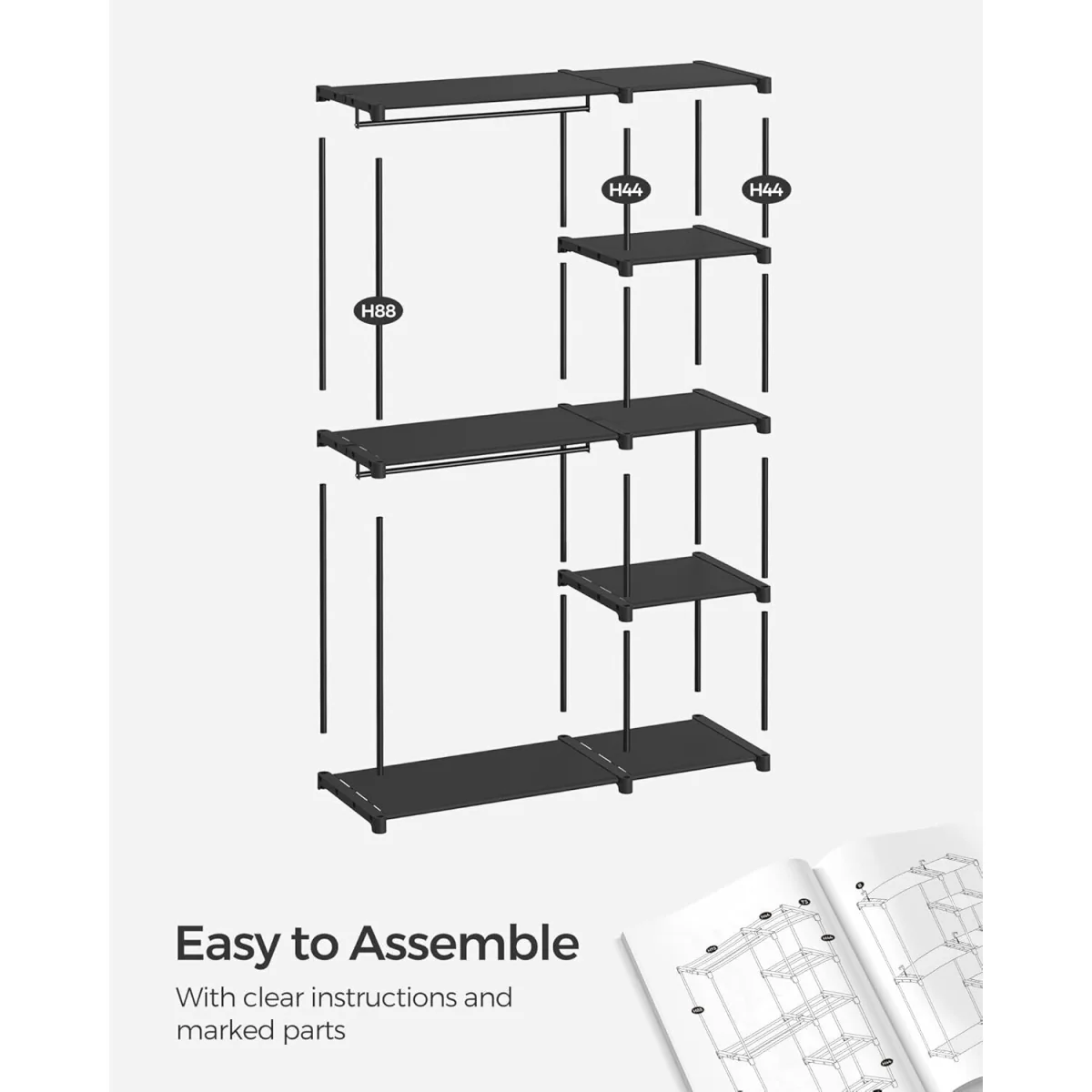 Open Clothing Wardrobe with Dual Hanging Areas and Shelving Storage, Freestanding Organizer - Black – image 8
