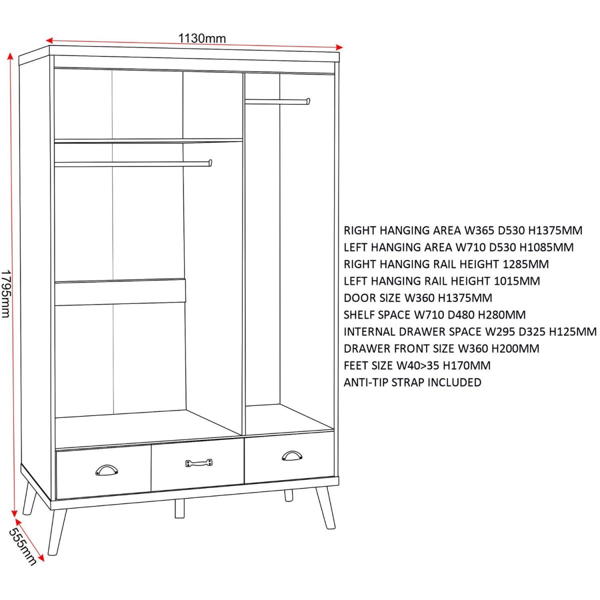 Nordic 3 Door 3 Drawer Wardrobe - White, Distressed Effect – image 6