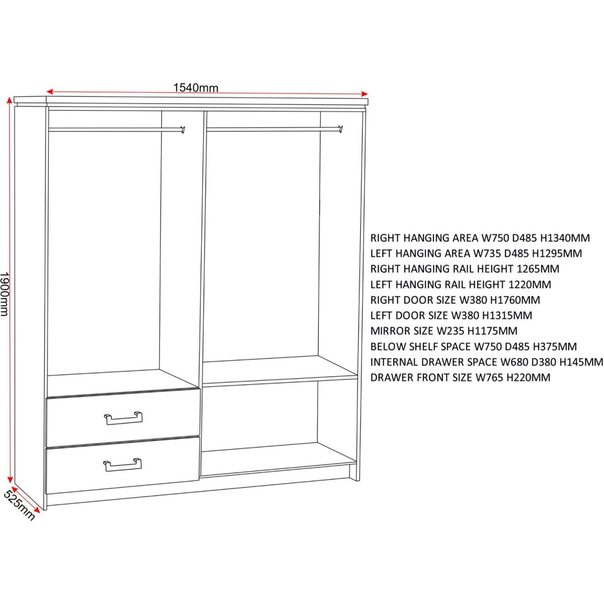 Charles 4 Door 2 Drawer Mirrored Wardrobe Oak Effect - White – image 8