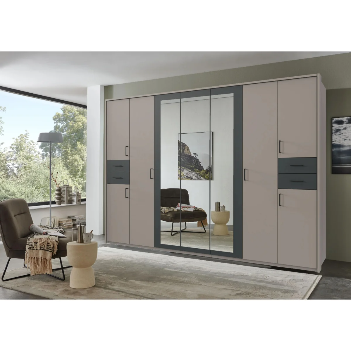 Vegas 7 Door Mirrored 313cm Wardrobe in Sahara Grey with Drawers - Grey – image 3
