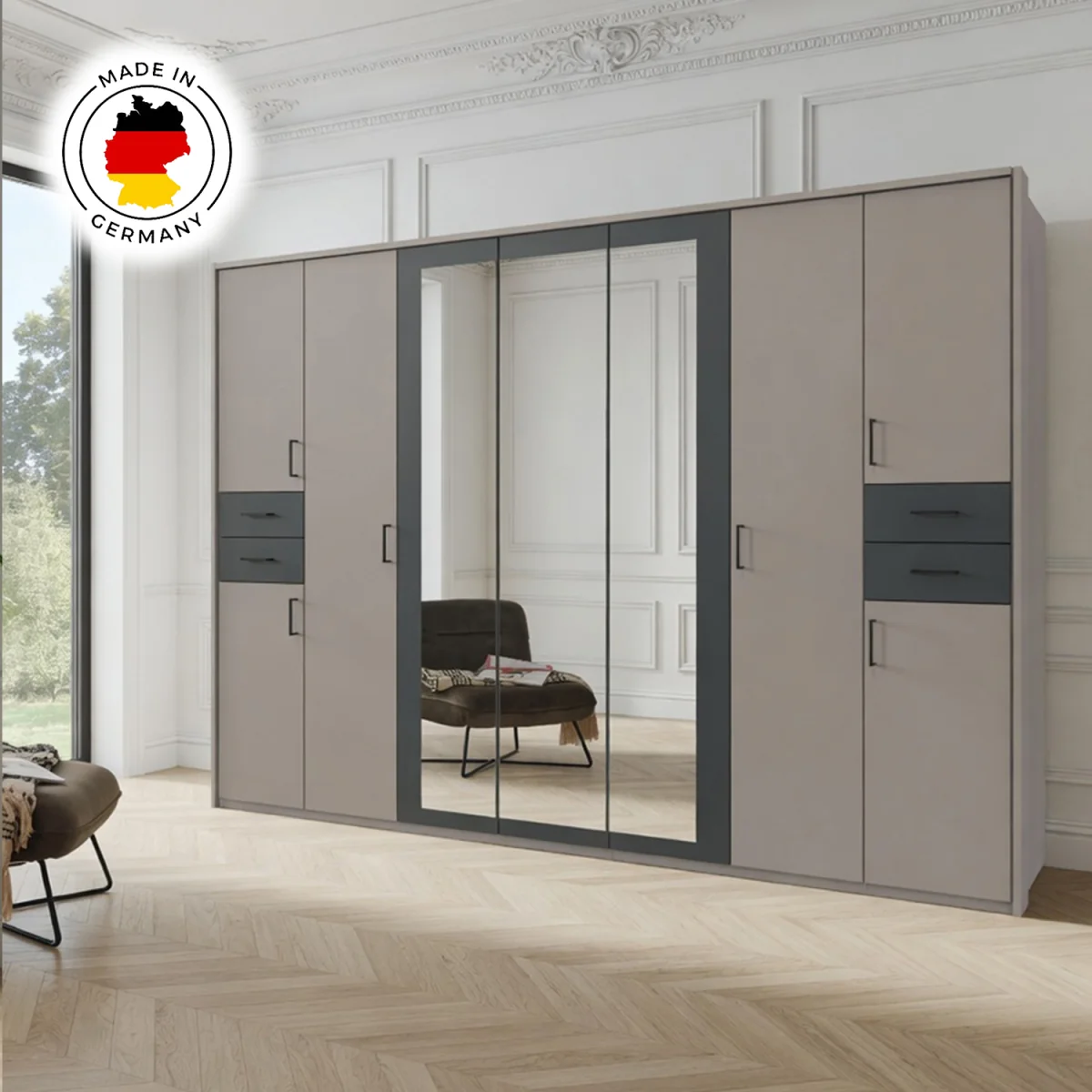 Vegas 7 Door Mirrored 313cm Wardrobe in Sahara Grey with Drawers - Grey – image 5