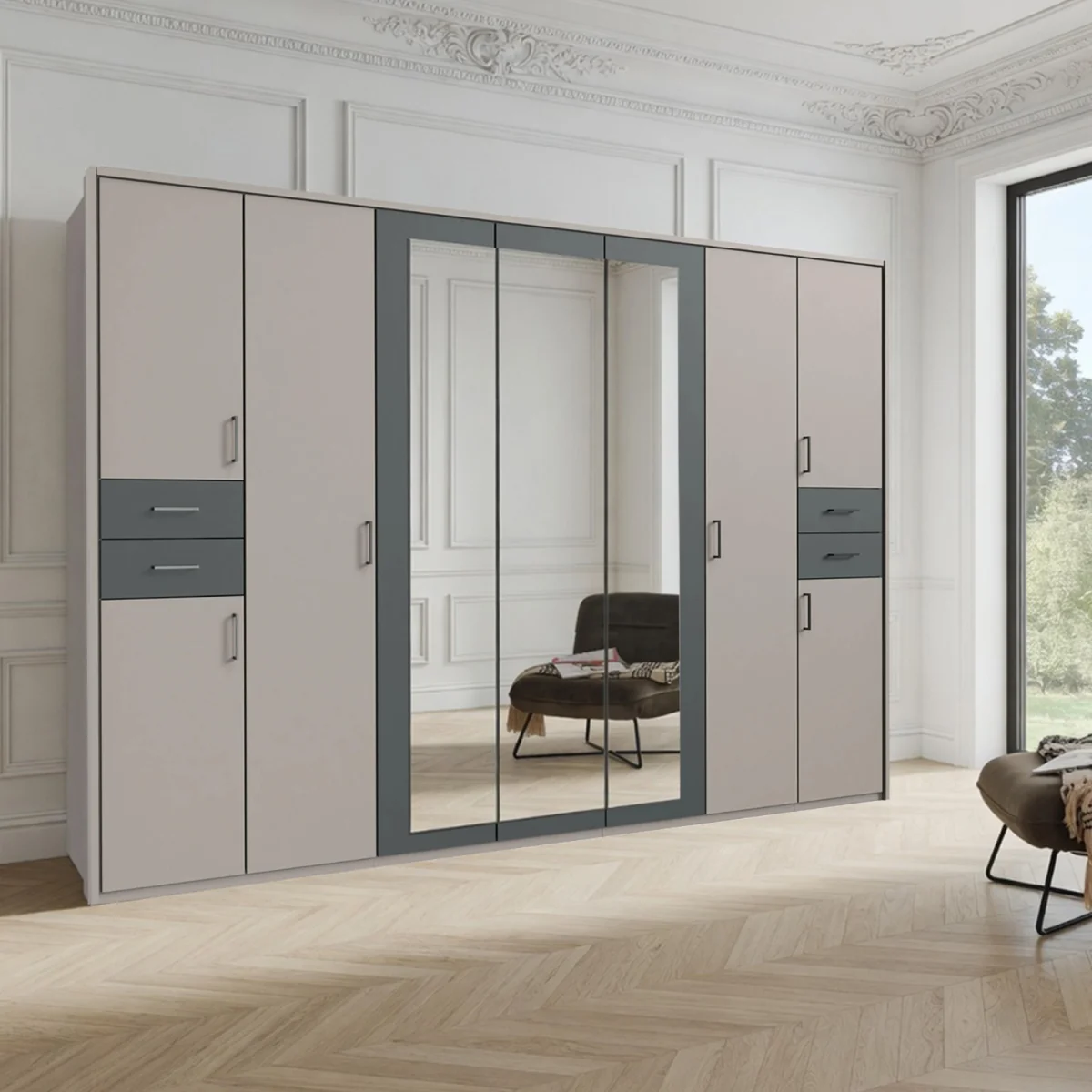 Vegas 7 Door Mirrored 313cm Wardrobe in Sahara Grey with Drawers - Grey – image 1