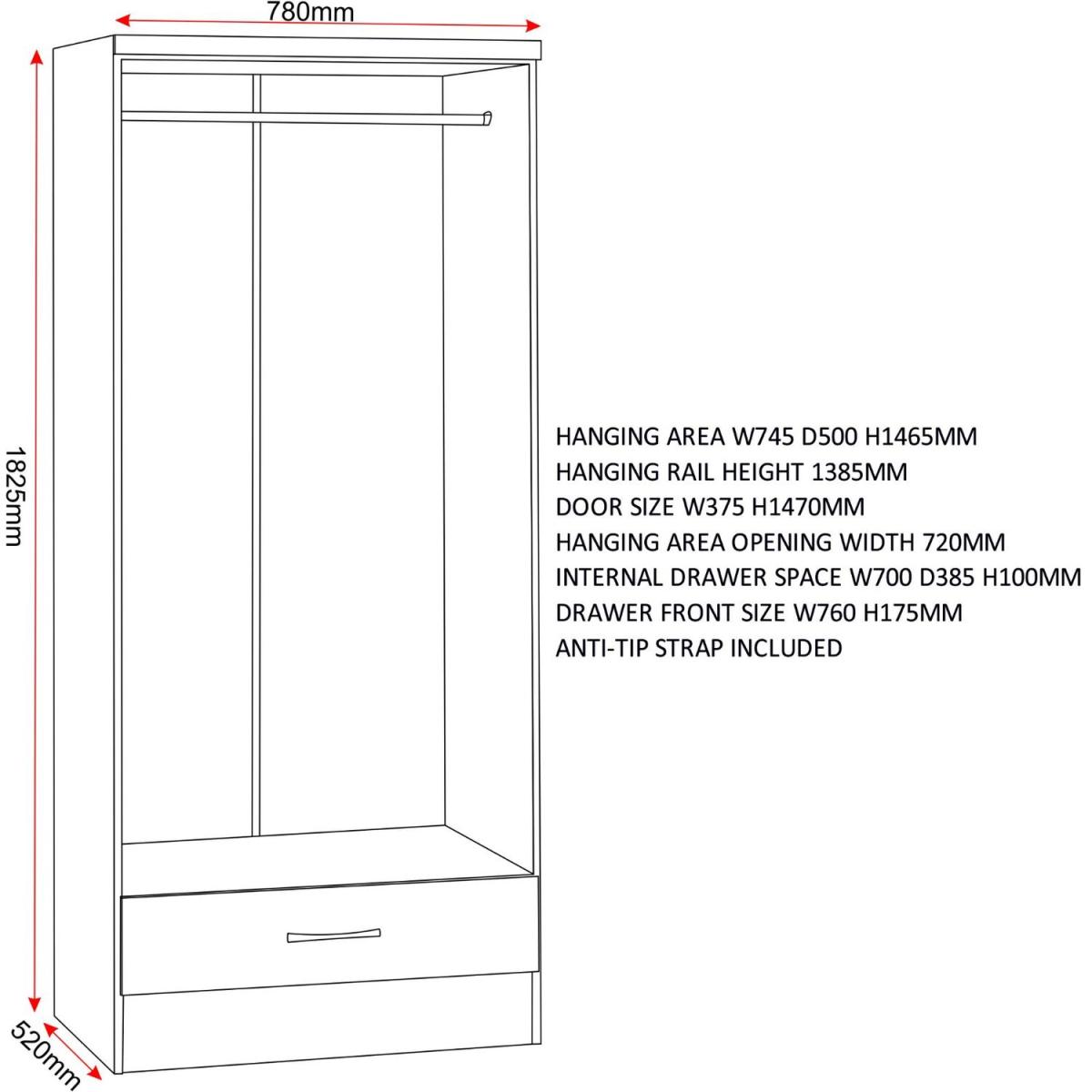 Nevada 2 Door 1 Drawer Wardrobe - Black Gloss – image 6